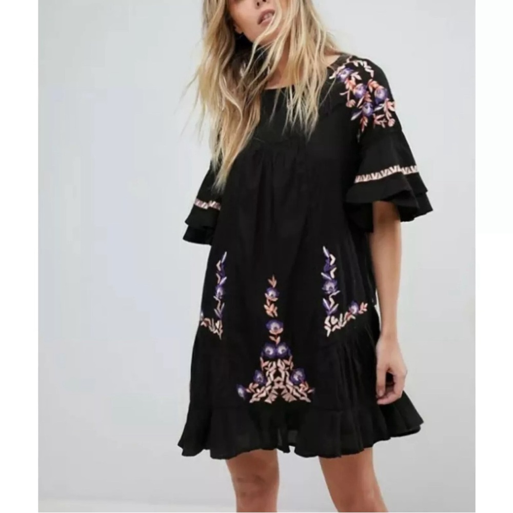 FREE PEOPLE Pavlo Embroidered Ruffle Boho Lined Dress Black Babydoll Large